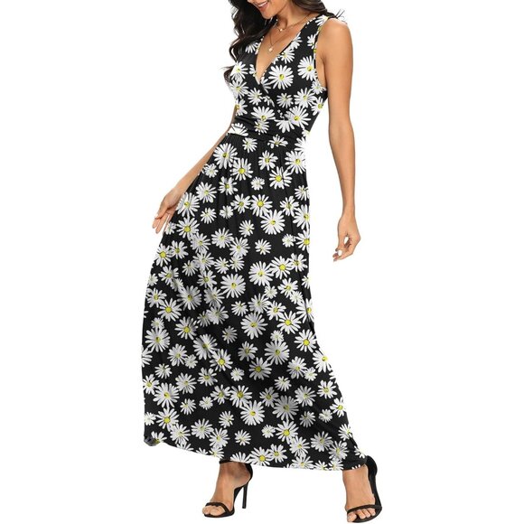 Women Little Daisy Deep V Neck Sleeveless Loose Plain Long Maxi Stretchy Dress - Picture 4 of 4